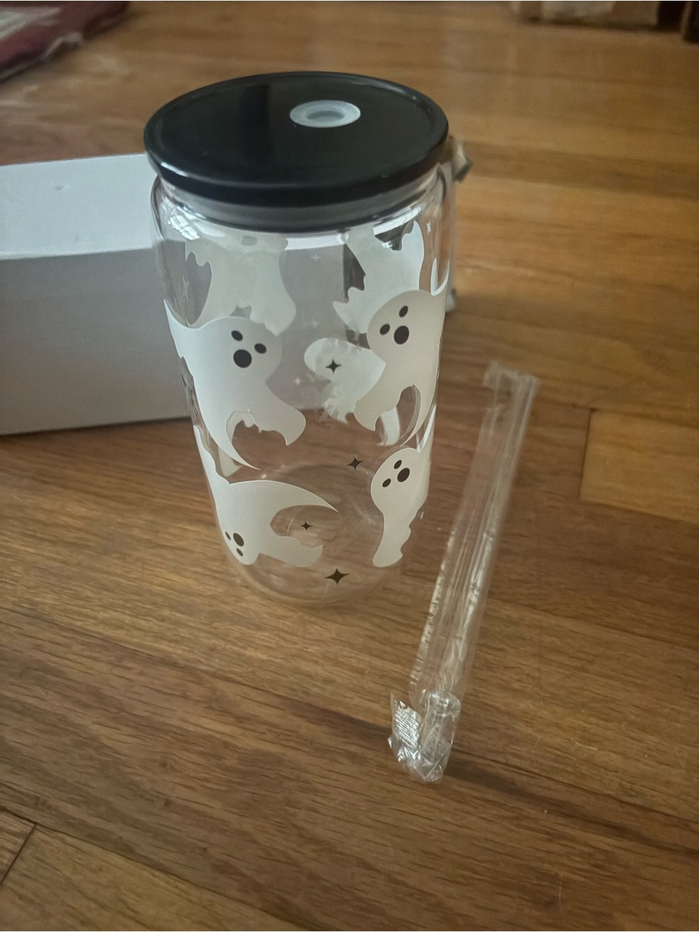 Halloween Ghost Tumbler with Black Lid and White Ghost Design